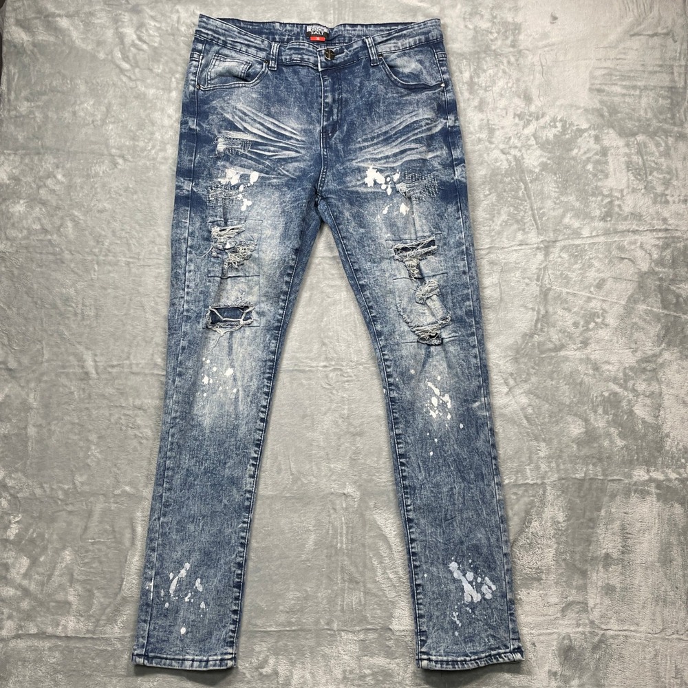 ROCK SALT Mens Acid Wash Distressed Paint Splatter Jeans Size 36x32